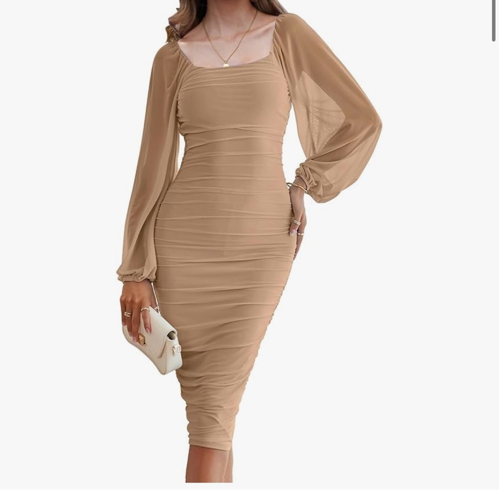 Chic Long Sleeve Ruched Dress in Tan